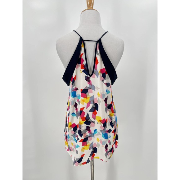 TRINA TURK Shirt Womens Small White Navy Silk Top Multicolored Geo Print Halter - Picture 2 of 9
